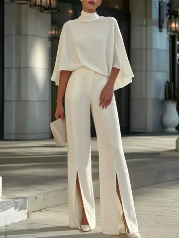 Damen Elegant Hochgeschlossen Unregelmäßig Cape Ärmel Top Und Hohe Taille Vorne Schlitz Weites Bein Hose Outfit Büro Lady Pendeln Tragen
