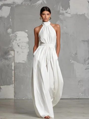 Women Halter Backless Jumpsuit Elegant Solid Color Sleeveless Wide Leg Long Pants Polyester Casual Summer Street Trend Clothing