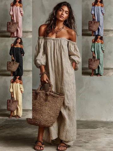 Women Off Shoulder Striped Maxi Dress Elegant Puff Sleeve Casual Summer Boho Beach Vacation Polyester Dress