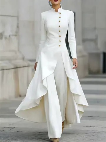 French Style Mock Neck Gold Button Top And Bottom Set Elegant Asymmetric Pants Skirt Two Piece Outfit For Women Party Fashion