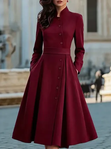 Women's Vintage Elegant Polyester Mock Neck Long Sleeve Midi Dress With Button Pockets Lace-up Solid Color Patchwork Dress