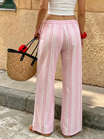Women's Casual Striped Wide Leg Pants Comfortable Low Waist Lace-up Vacation Style Straight Trousers For Summer Daily Wear