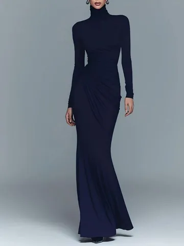 Elegant Turtleneck Long Sleeve Ruched Maxi Dress For Women Slim Fit Solid Color Polyester Evening Party Wedding Bodycon Dress