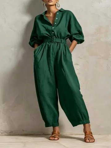 Women V Neck Button Jumpsuit With Belt Solid Color Slim Fit Long Sleeve Casual Romper One Piece Autumn Outfit