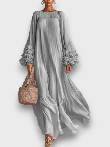 Women Elegant Round Neck Ruffle Sleeve Maxi Dress Polyester Solid Color Tiered Long Sleeve Loose Pleated Texture Dress