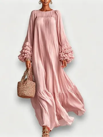 Women Elegant Round Neck Ruffle Sleeve Maxi Dress Polyester Solid Color Tiered Long Sleeve Loose Pleated Texture Dress