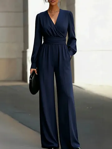 Women V-Neck Long Sleeve Wide Leg Jumpsuit Elegant Irregular Waist Slim Fit Solid Color Office One Piece Jumpsuit Romper