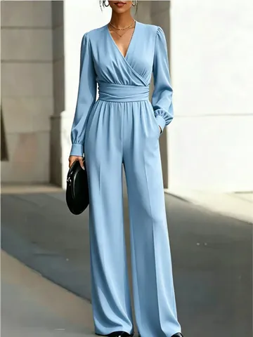 Women V-Neck Long Sleeve Wide Leg Jumpsuit Elegant Irregular Waist Slim Fit Solid Color Office One Piece Jumpsuit Romper