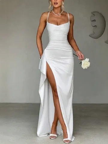 Damen Sexy Satin Gerafftes Maxikleid V Ausschnitt Spaghettiträger Hoher Schlitz Elegant Bodycon Kleid Für Abendparty