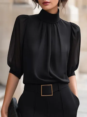 Women French Elegant Stand Collar Puff Sleeve Blouse Solid Color Polyester Commuting Top For Spring Autumn Casual Clothing