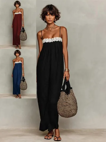 Women Summer Holiday Sleeveless Lace Trim Spaghetti Strap Maxi Dress Loose Solid Color Pullover Beach Party Casual Long Dress