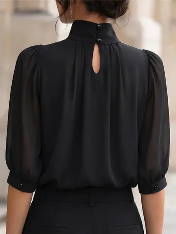 Women French Elegant Stand Collar Puff Sleeve Blouse Solid Color Polyester Commuting Top For Spring Autumn Casual Clothing