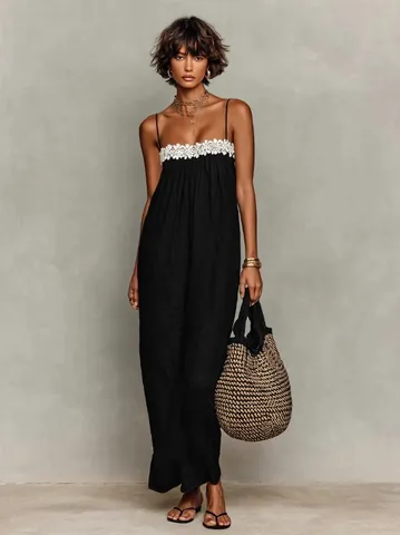 Women Summer Holiday Sleeveless Lace Trim Spaghetti Strap Maxi Dress Loose Solid Color Pullover Beach Party Casual Long Dress