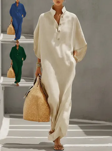 Women Summer V-Neck Button Casual Loose Maxi Dress Batwing Sleeve Solid Color Polyester Woven Beach Vacation Kaftan Dress
