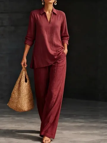 Completo Pantaloni Casual Donna Scollo a V Tinta Unita Top And Bottom Manica Lunga Con Tasche Poliestere Tessuto Loungewear Confortevole
