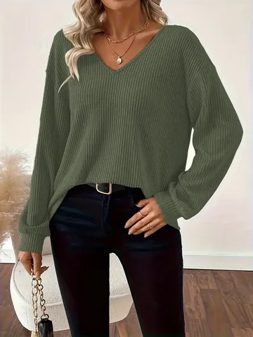 Women Casual V Neck Back Bow Long Sleeve Sweater Loose Ribbed Knit Pullover Top Solid Color Autumn Winter Clothing