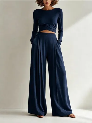 Women's Knitted Two-Piece Set Irregular Hem Crew Neck Long Sleeve Top And Wide Leg Pants Casual Solid Color Outfits