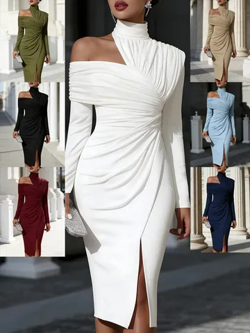 Women Elegant Off-Shoulder Ruched Midi Dress Slim Fit Side Slit Long Sleeve Polyester Spandex Party Evening Dress