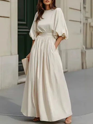Französisches Elegantes Maxi-Kleid Mit Laternenärmel Für Damen Einfarbig Tailliert A-Linie Party Langes Kleid Mit Taschen Polyester