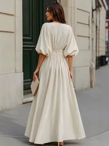 Französisches Elegantes Maxi-Kleid Mit Laternenärmel Für Damen Einfarbig Tailliert A-Linie Party Langes Kleid Mit Taschen Polyester