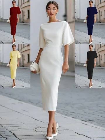Women Elegant Solid Color Boat Neck Midi Dress Half Sleeve Summer Casual Party Sheath Dress Slim Fit Office Lady Daily Wear