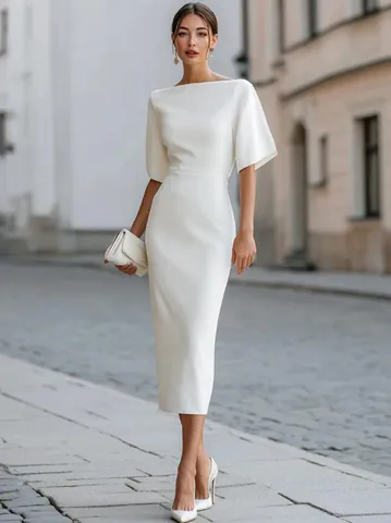 Women Elegant Solid Color Boat Neck Midi Dress Half Sleeve Summer Casual Party Sheath Dress Slim Fit Office Lady Daily Wear