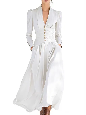 Women Elegant V Neck Lantern Sleeve Maxi Dress Ruched Waist A Line Evening Party Dress Gold Button Decoration Dress