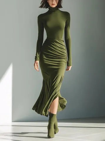 Women's Elegant High Neck Long Sleeve Ruched Midi Dress Slim Fit Irregular Hem Polyester Dress For Banquet Party Daily Wear