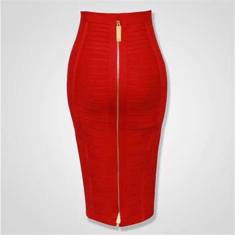 Women Sexy High Waist Bodycon Bandage Skirt Solid Color Slim Fit Midi Skirt With Metal Zipper Polyester Spandex Clubwear