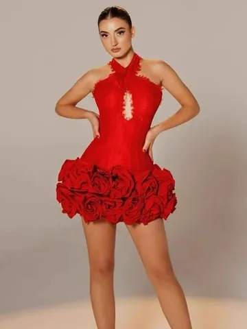 Sexy Halter Backless Bodycon Bandage Mini Dress With 3D Floral Hem Lace Trim Club Party Cocktail Evening Dress For Women