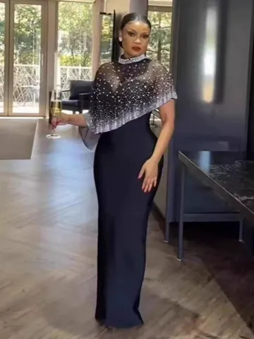 Women Elegant Rhinestone Mesh Shawl Evening Dress Bodycon Banquet Party Maxi Gown Sleeveless Polyester Spandex Dress