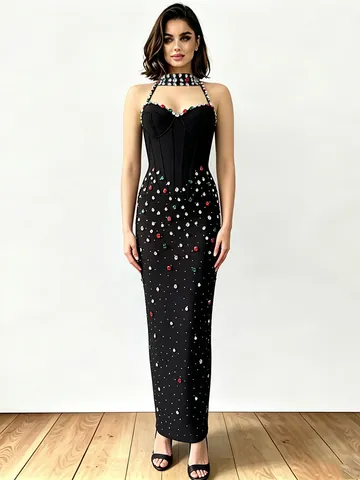Vestido de Vendaje Bodycon Sexy para Mujer Elegante Celebridad Cintura Alta Vestido de Noche Hecho a Mano Strass Fiesta Maxi Vestido Halter Sin Mangas Espalda Descubierta Boda Banquete