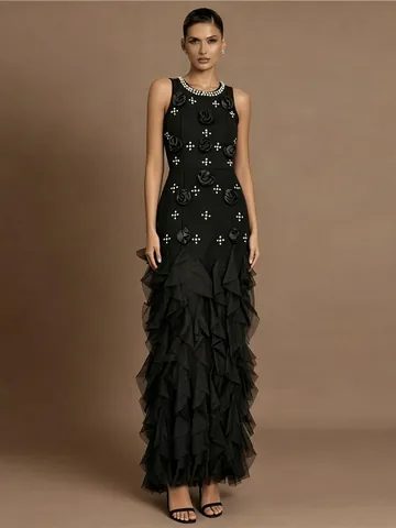Vintage 3D Floral Embellished Bodycon Evening Gown For Women Elegant Rhinestone High Waist Sleeveless Maxi Dress