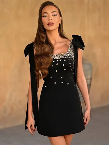 Robe Bandage Élégante pour Femmes avec Perlage Lourd Strass Bretelles Nœud Papillon Coupe Ajustée Soirée Petite Robe Noire