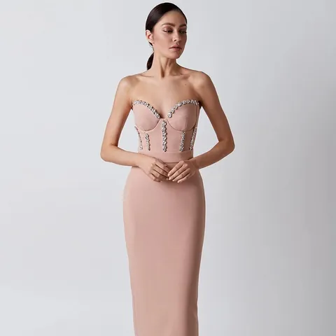 Elegant Rhinestone Embellished Tube Top Bandage Midi Dress Women Sexy Bodycon Off Shoulder Evening Party Dress Solid Color