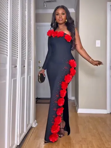 Vestido Largo Sexy Bandage a un Hombro Negro Mujer Elegante 3D Flor Roja Diamante Bodycon Gala de Noche