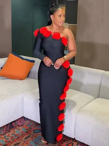 Vestido Largo Sexy Bandage a un Hombro Negro Mujer Elegante 3D Flor Roja Diamante Bodycon Gala de Noche