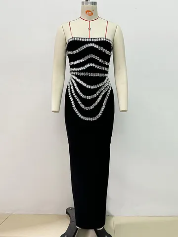 Women Sexy Bandage Maxi Dress Rhinestone Embellished Bodycon Evening Gown Backless Slim Fit Party Clubwear Elegant Long Dress
