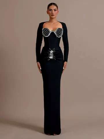 Women Elegant Square Neck Long Sleeve Bandage Dress Heavy Rhinestone Bodycon Maxi Evening Party Clubwear Gown