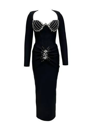 Women Elegant Square Neck Long Sleeve Bandage Dress Heavy Rhinestone Bodycon Maxi Evening Party Clubwear Gown