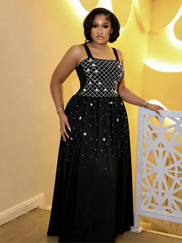 Women Elegant Rhinestone Beaded Spaghetti Strap Maxi Dress Formal Party Evening Gown Heavy Ball Gown Polyester Spandex Dress