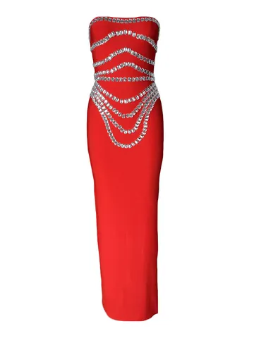 Women's Sexy Off-Shoulder Bandage Dress Heavy Work Rhinestone Embellished Tight Fit Maxi Evening Gown Party Dress
