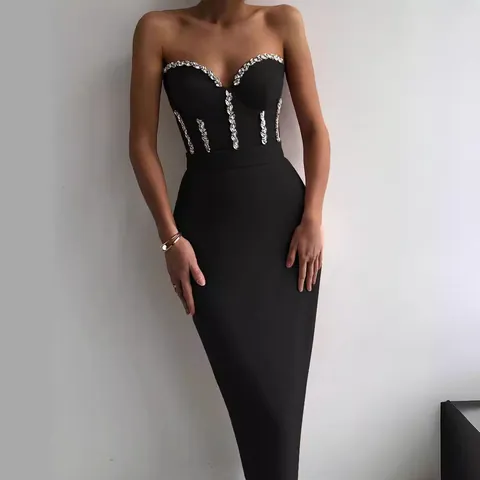 Elegant Rhinestone Embellished Tube Top Bandage Midi Dress Women Sexy Bodycon Off Shoulder Evening Party Dress Solid Color