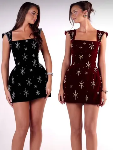 Women Elegant Rhinestone Bandage Dress Square Neck Sleeveless Sexy Party Bodycon Mini Dress For Nightclub Evening Party