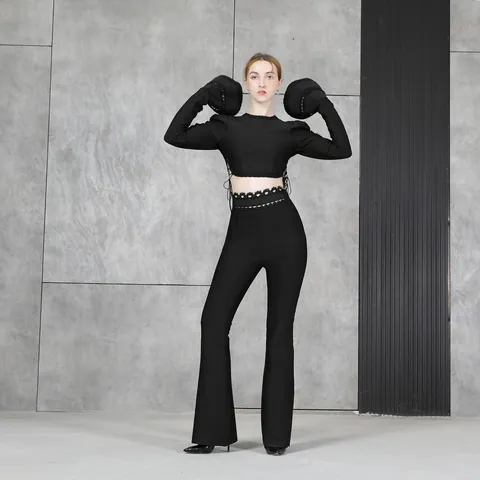 Women Elegant Bandage Top And Bottom Long Sleeve Cut Out Flared Pants Solid Color Commute Slim Fit Party Outfit Clothes