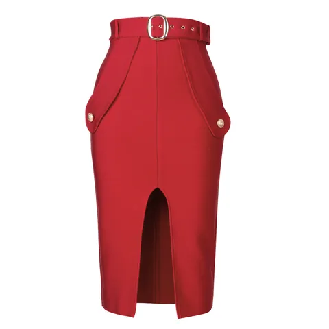 Women Sexy High Waist Bodycon Bandage Midi Skirt Elegant Slim Fit Pencil Skirt With Belt And Slit Solid Color Party Bottom