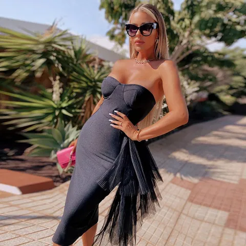 Women Tube Top Bodycon Dress Mesh Layered Bandage Maxi Dress French Style Elegant Party Evening Dress Summer Formal Gown