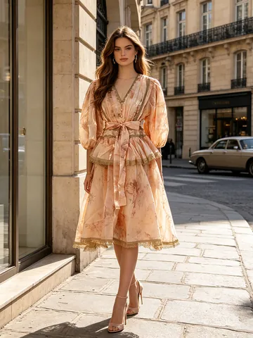 Women French Palace Style V-Neck Puff Sleeve Midi Dress Vintage Floral Print High Waist Lace Splicing Elegant Party Dress