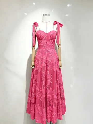European American Sweet Dopamine Color Embroidery Maxi Dress For Women Summer Bow Tie Strap Waist Slimming A-Line Floral Dress