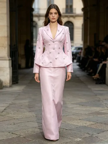 Elegant Pink Satin Peplum Blazer And Pencil Skirt Top And Bottom Rhinestone Bow Embellished Evening Banquet Suit For Women